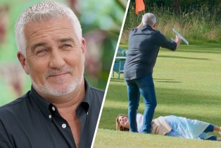 Slanted side-by-side of a mischievous Paul Hollywood and then Paul making 'The Great British Baking Show' winner Georgie roll down a hill