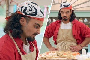 Slanted side-by-side of an irate Dylan and a dejected Dylan in 'The Great British Baking Show' final