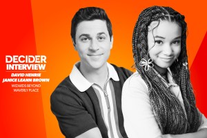 David Henrie and Janice LeAnn Brown in black and white on a bright orange background