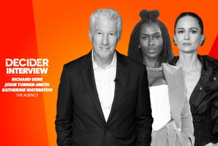 Richard Gere, Jodie Turner-Smith, and Katherine Waterston in black and white on a bright orange background