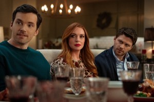 Our Little Secret. (L-R) Ian Harding as Logan, Lindsay Lohan as Avery and Jon Rudnitsky as Cameron in Our Little Secret. Cr. Bob Mahoney/Netflix © 2024